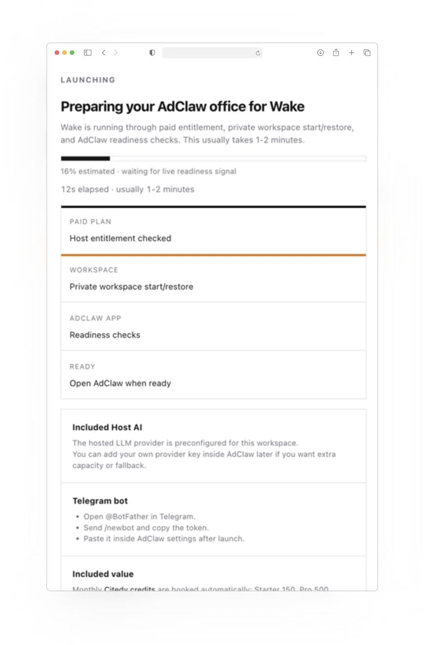 Hosted AdClaw workspace launch checklist preparing a private office.