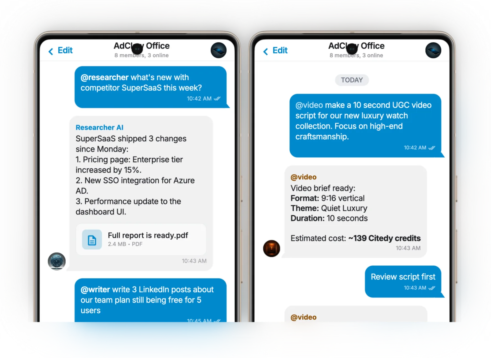Two AdClaw Telegram conversations showing researcher and video specialist routing.