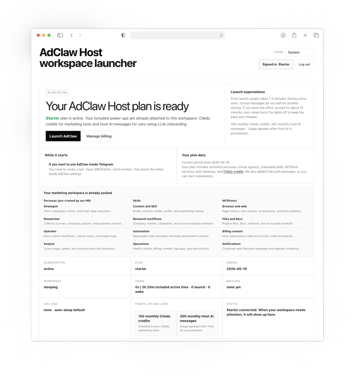 AdClaw Host workspace launcher with plan status, skills, tools, and workspace readiness.